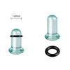 A clear glass ear stretching plug with a black ring and a measuring scale.