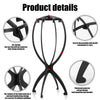 Soporte plegable portátil de color negro para exhibir pelucas desde varios ángulos y detalles.