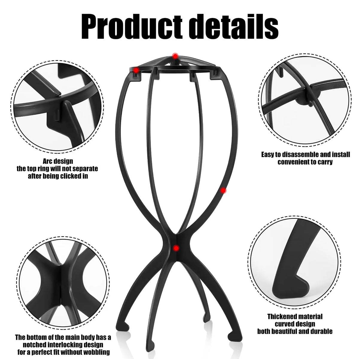 Soporte plegable portátil de color negro para exhibir pelucas desde varios ángulos y detalles.