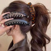 Eine Hand hält einen Schildpatt-Bananen-Haarclip und eine Haarnadel vor dunkelbraunem Haar.