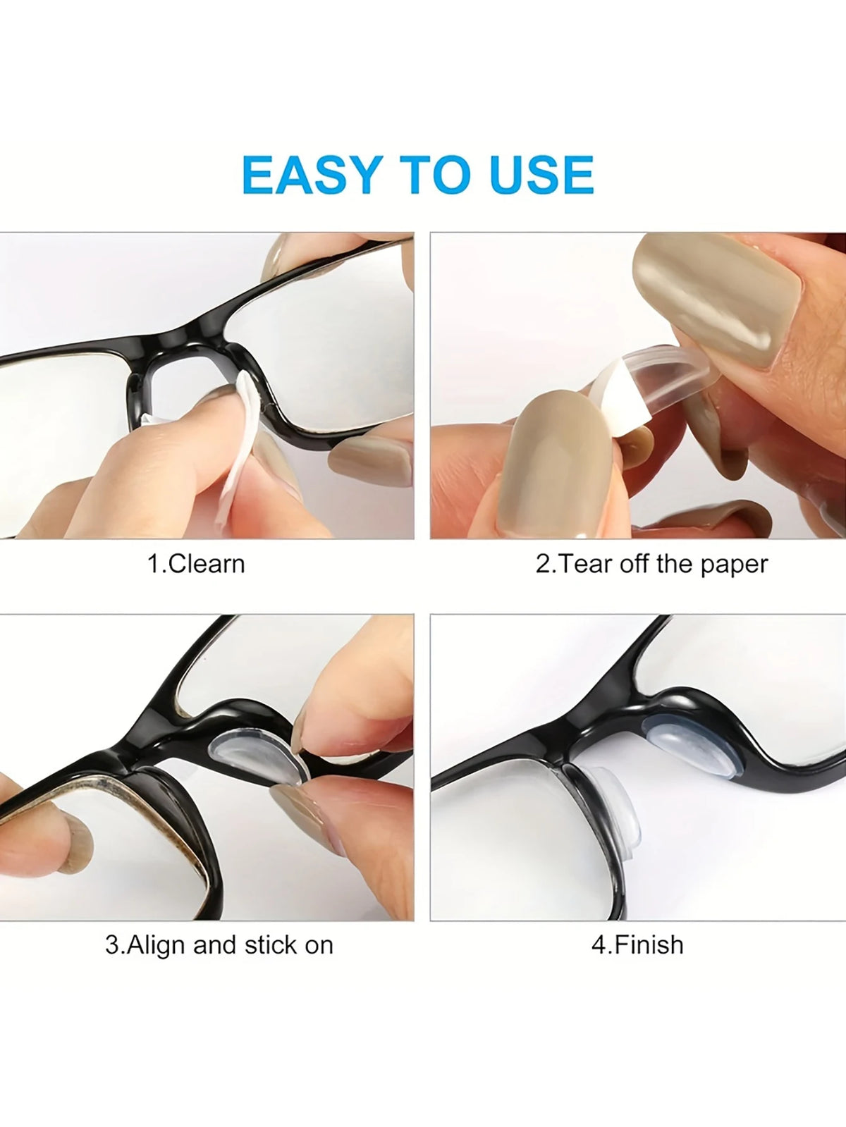 Guía paso a paso para limpiar, despegar, alinear y terminar las almohadillas nasales de silicona antideslizantes para gafas.