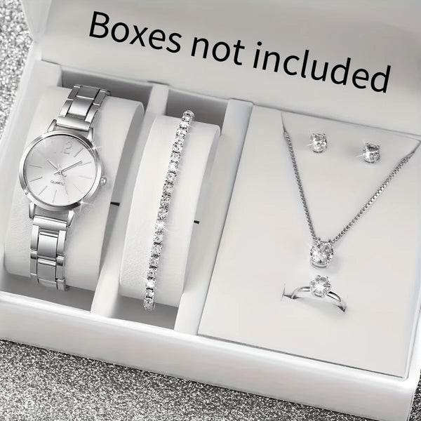 A white box interior shows a watch, a diamond necklace, and a ring, with text stating boxes are not included.