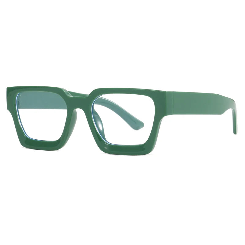 Un par de monturas cuadradas vintage en color verde oliva apagado.
