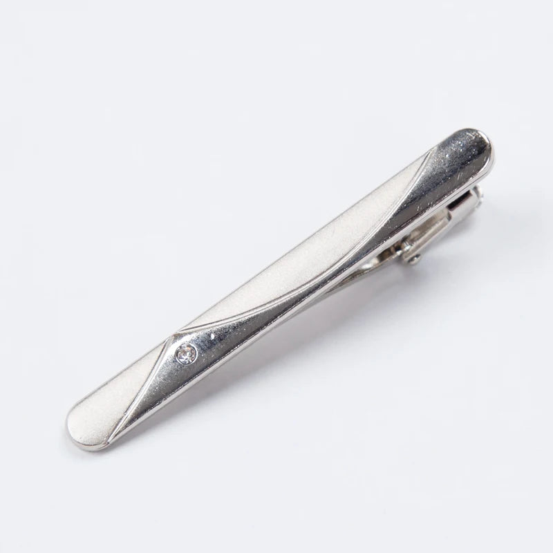 Silver metal tie clip for men's neckties with a polished finish.