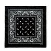 Black fabric with white paisley and floral embroidery pattern on a square design