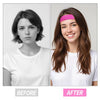 Before and after comparison of an adjustable wig band for hairline edging on a woman's hair.