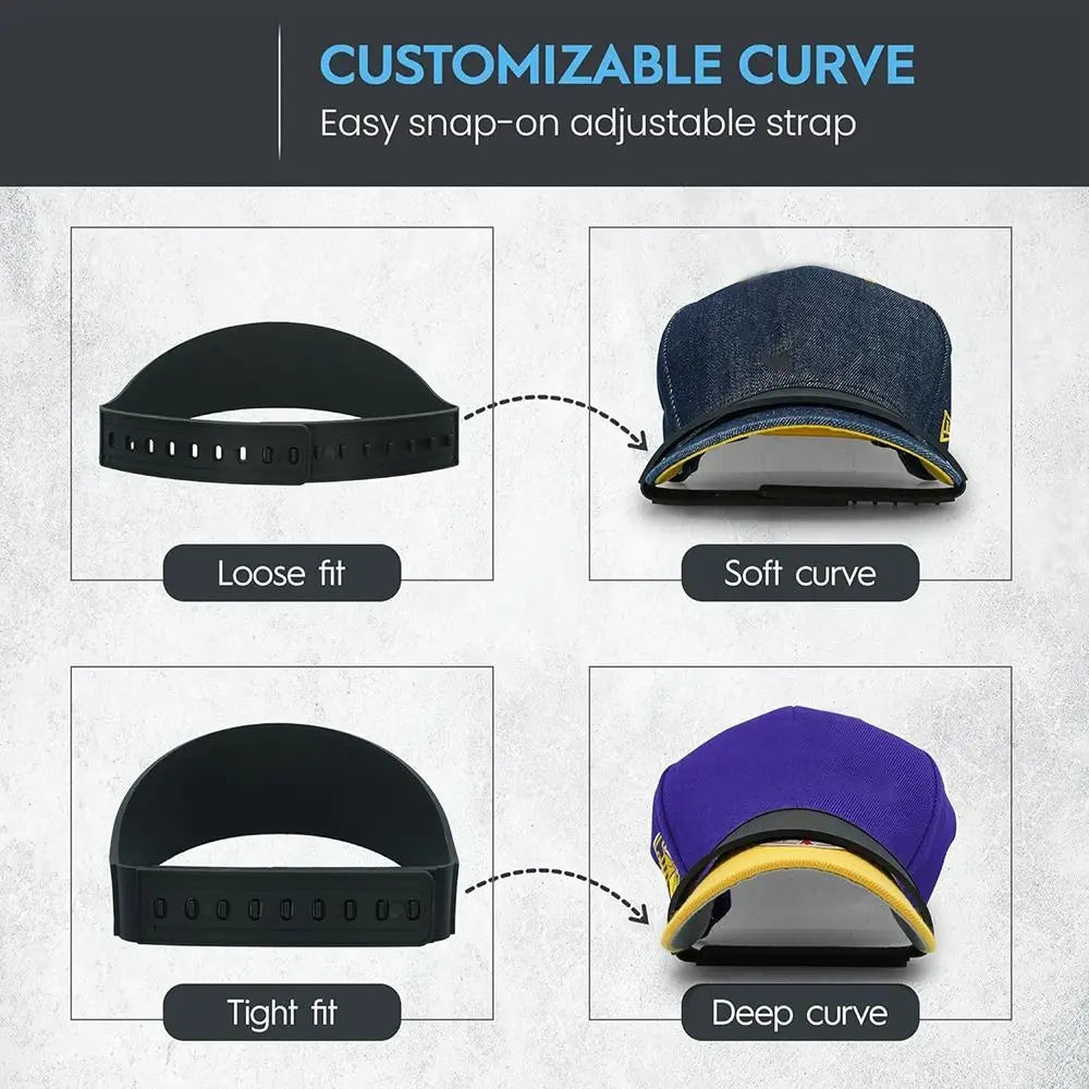 Demonstration of a customizable curve strap on a black hat brim, showing loose, soft, tight, and deep fit options.