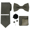 A set of men's formal tie and accessory featuring a black and gold patterned tie, bow tie, and pocket square.