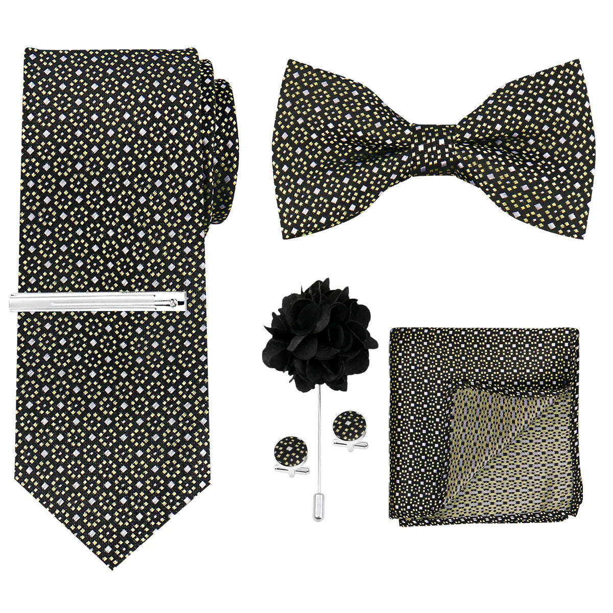 A set of men's formal tie and accessory featuring a black and gold patterned tie, bow tie, and pocket square.