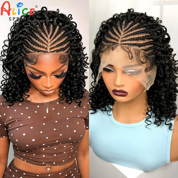 A close-up of a woman wearing a black cornrow braided wig with light gray bangs and dark makeup.