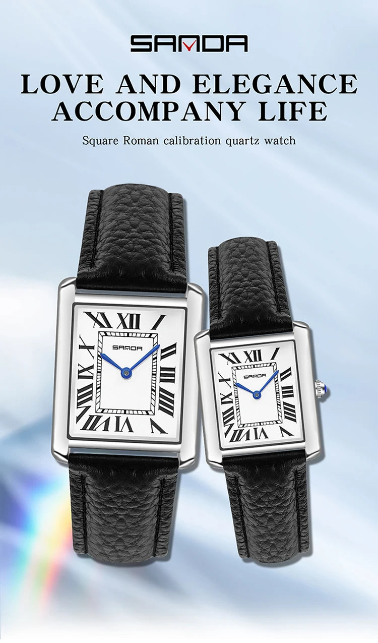 Silberne quadratische römische Kalibrier-Quarzuhr mit schwarzem Lederarmband vor blauem Hintergrund