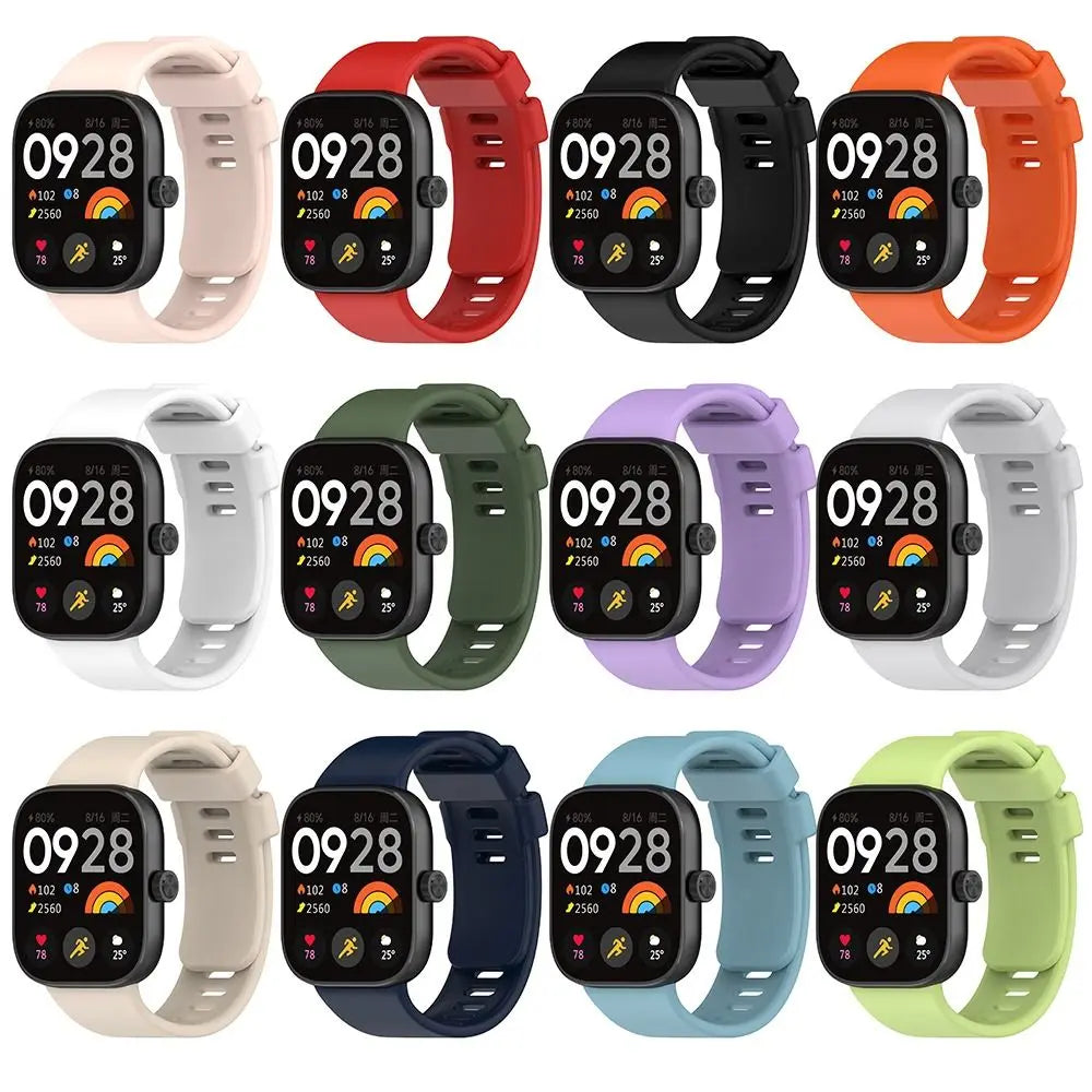 A collection of various replacement silicone watch straps in different colors and styles for Redmi smartwatches.