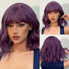 A purple short wavy bob wig displayed on a model, showing the front and back views.