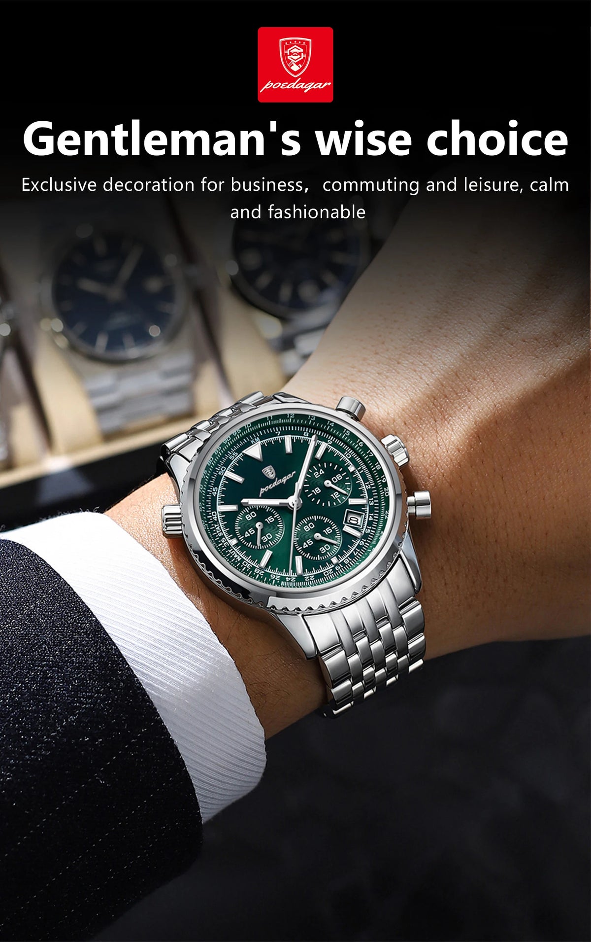 Primer plano de un reloj cronógrafo de acero inoxidable con esfera verde y pulsera plateada, usado en una muñeca.