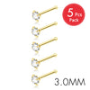Five pairs of gold-finish crystal nostril studs, 3.0mm size, sold as a pack.