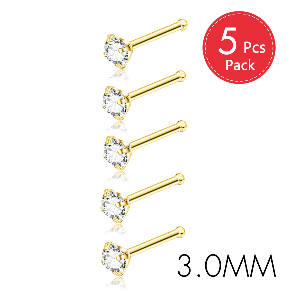Five pairs of gold-finish crystal nostril studs, 3.0mm size, sold as a pack.