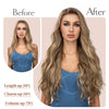 Comparación antes y después de extensiones de cabello ondulado largo, mostrando mayor longitud, encanto y volumen