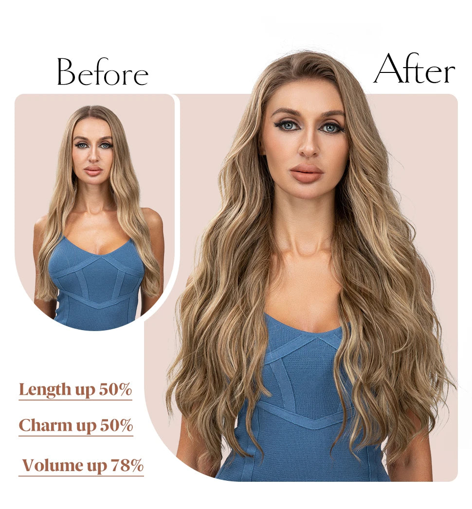 Comparación antes y después de extensiones de cabello ondulado largo, mostrando mayor longitud, encanto y volumen