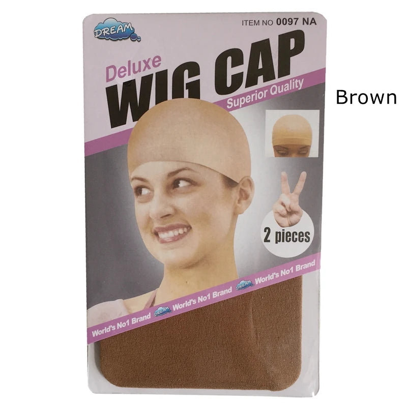 Box of brown Deluxe wig cap with a model wearing it, showing two pieces.