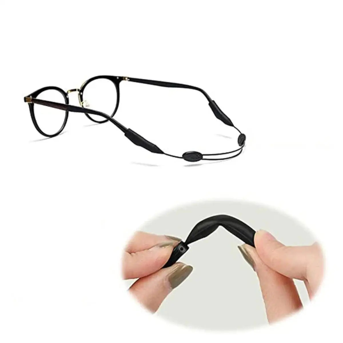 A black adjustable anti-slip eyeglass retainer strap is shown being placed around a person's ear.