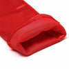 A close-up of a red satin fingerless glove folded and displayed.