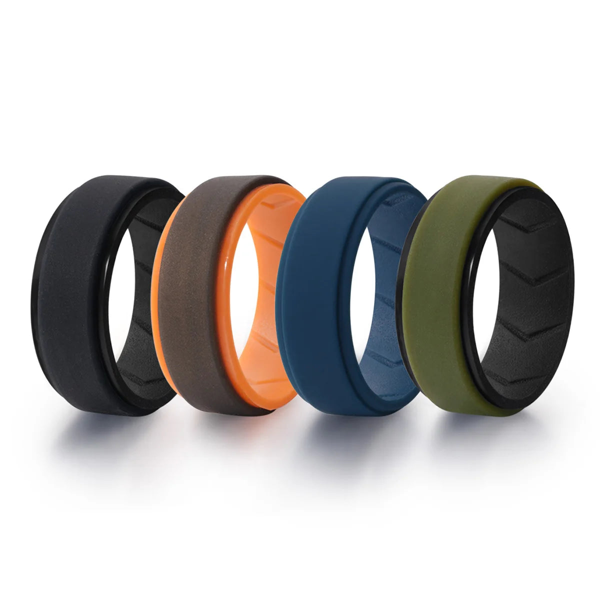 A set of four silicone wedding bands in black, orange, blue, and olive green are displayed side by side.
