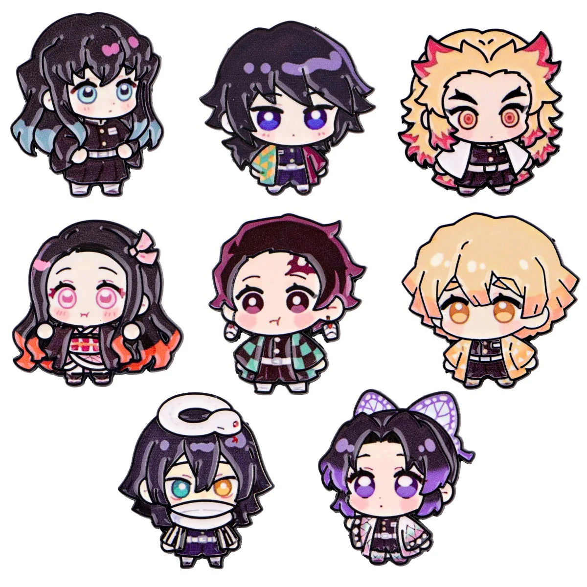 A collection of eight cute enamel cartoon brooches featuring various anime-style characters with dark hair and bright eyes.