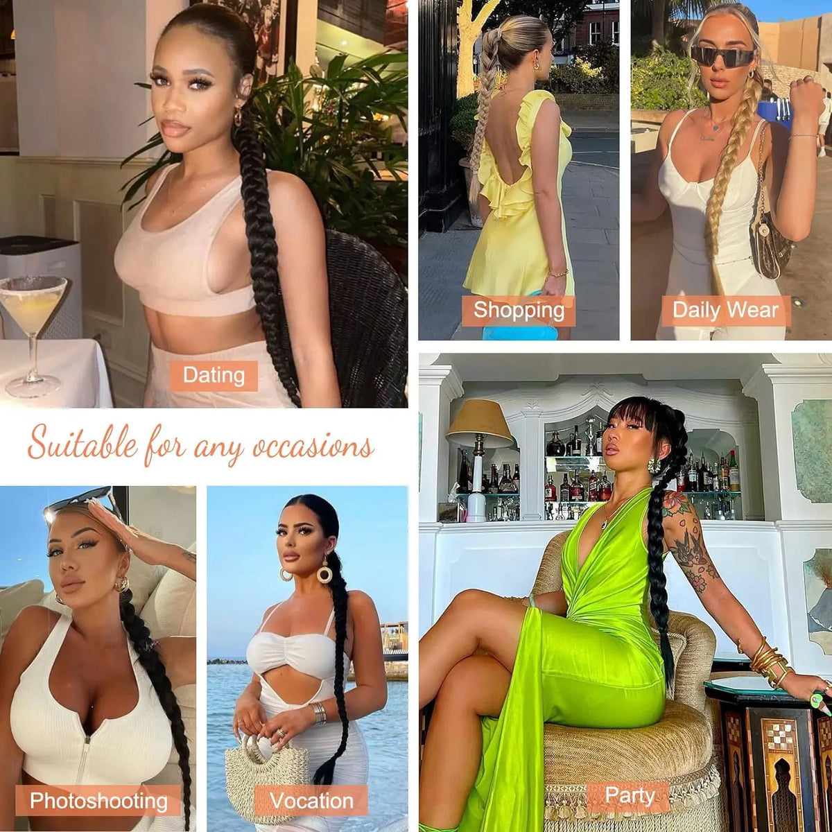 A collage of models showcasing synthetic long braided ponytail extensions for dating, shopping, daily wear, and photography.