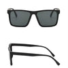 Black square frame sunglasses with dark lenses shown from the front and side.