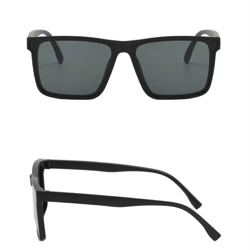 Black square frame sunglasses with dark lenses shown from the front and side.