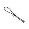 Black adjustable hair ties with a loop and two small arrows indicating direction.