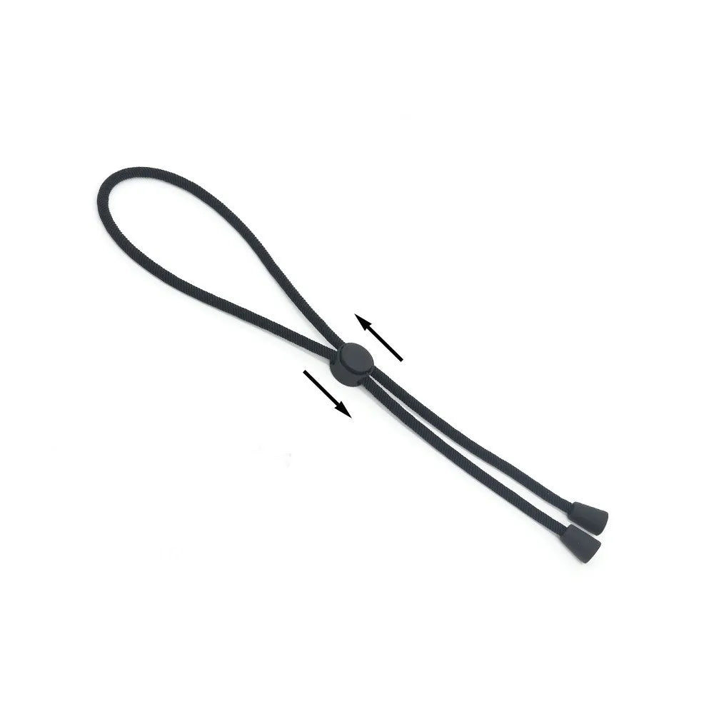 Black adjustable hair ties with a loop and two small arrows indicating direction.