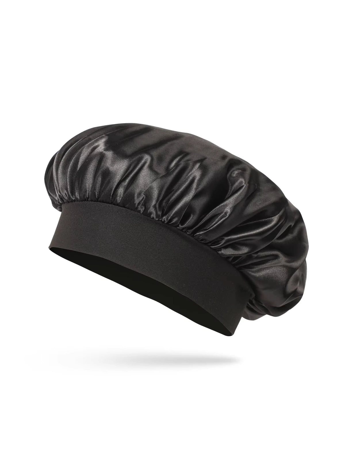 Bonnet de cheveux en soie satinée noire, vue de côté.