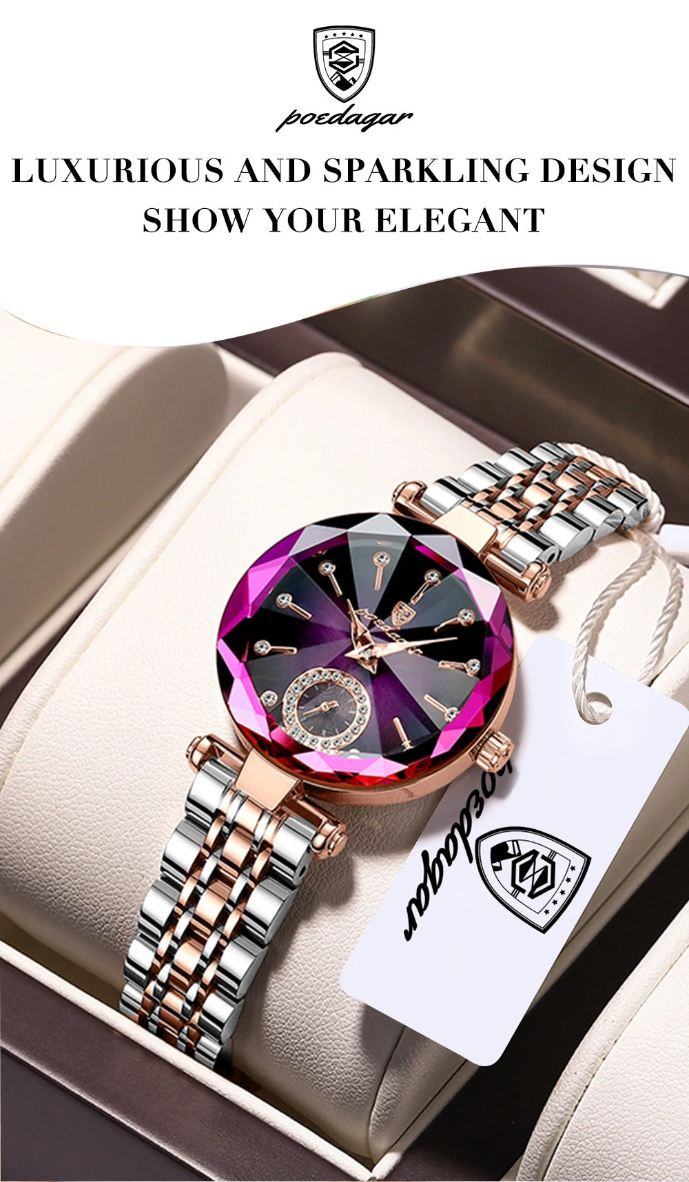 A luxurious stainless steel quartz ladies wristwatch with a pink and purple face is displayed in a light-colored box.