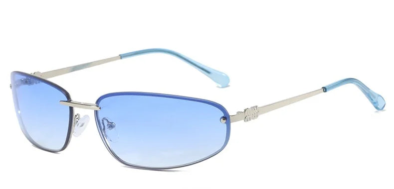 Blaue ovalen, framelose Sonnenbrille mit silbernen Arme und hellblauen Linsen