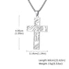 A stainless steel cross necklace with a detailed design and gold finish.