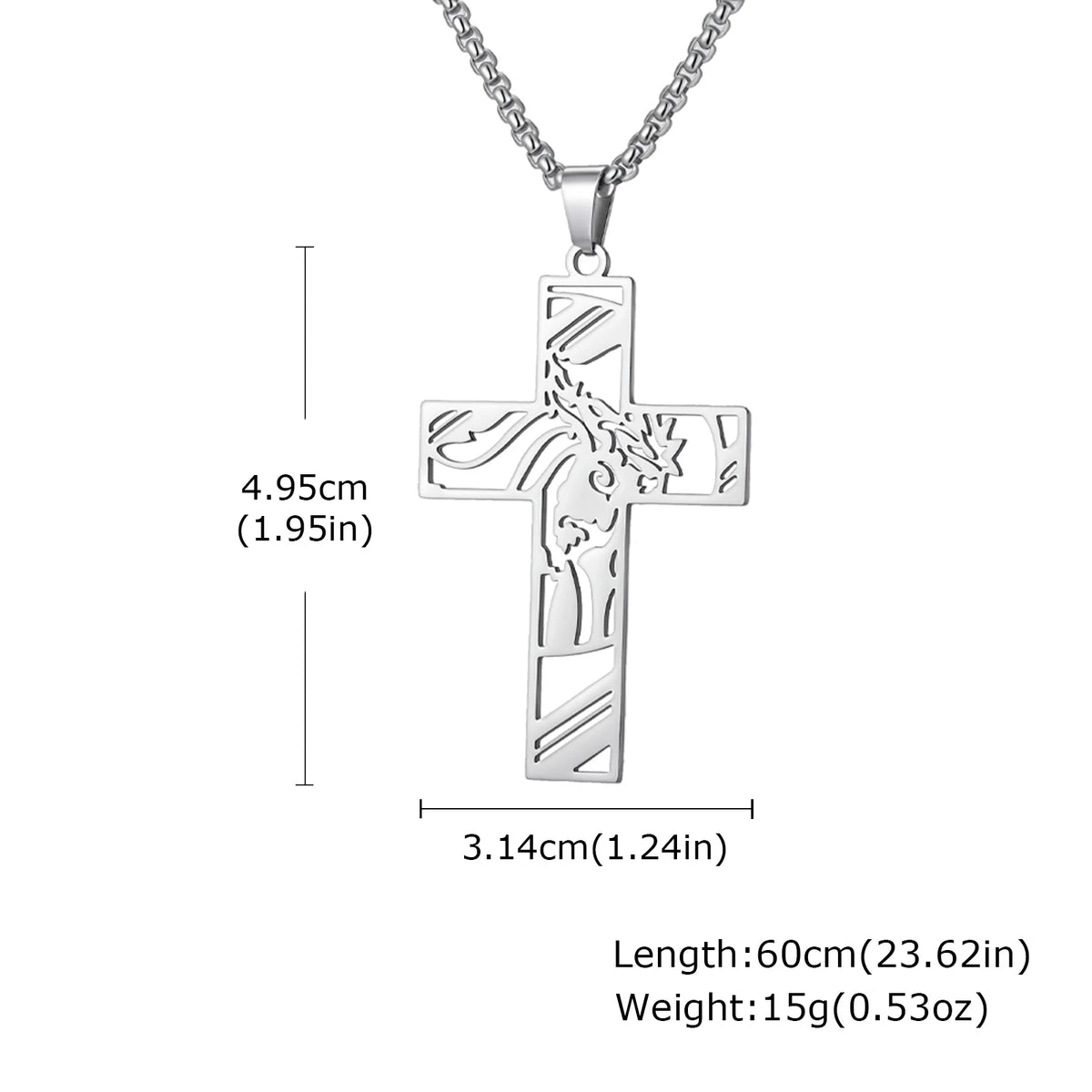 A stainless steel cross necklace with a detailed design and gold finish.