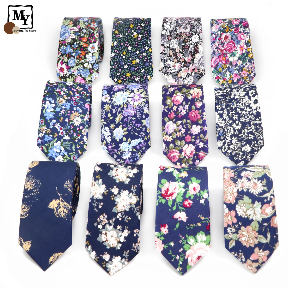 Une collection de neuf nœuds papillons en coton à imprimé floral élégants, dans diverses couleurs et motifs.