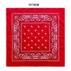 A red square scarf with white paisley embroidery and a decorative border.
