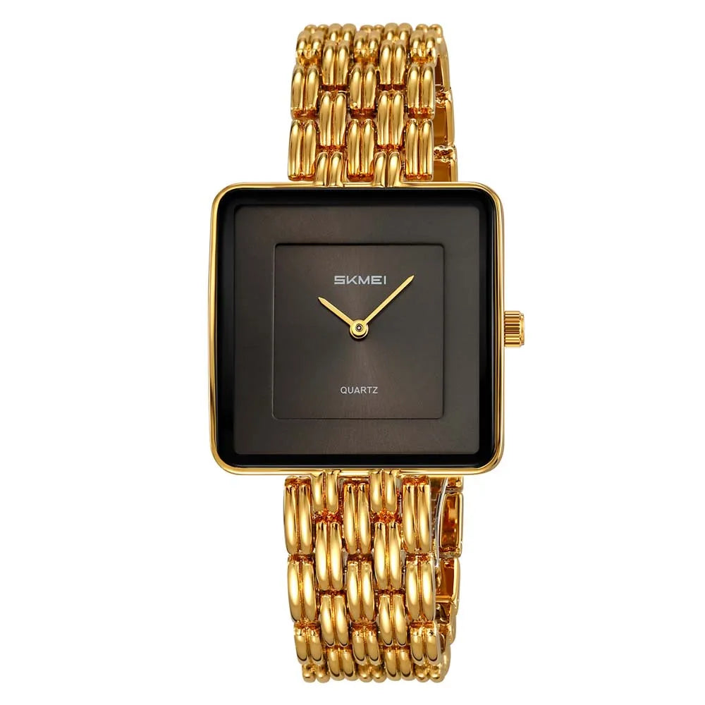 A gold-toned minimalist quartz wristwatch with a square black face and a linked metal bracelet.
