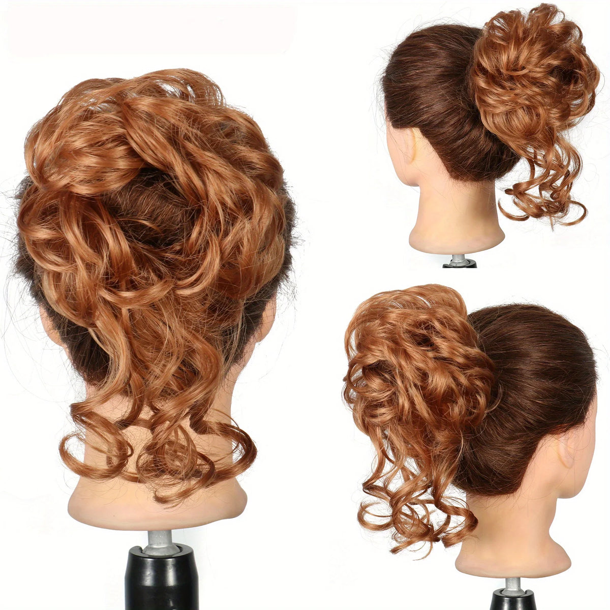 A display of synthetic reddish-brown hair styled in a messy bun with curls.