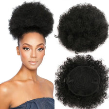 A woman models a black synthetic afro puff chignon hair extension, showing the full volume and texture.