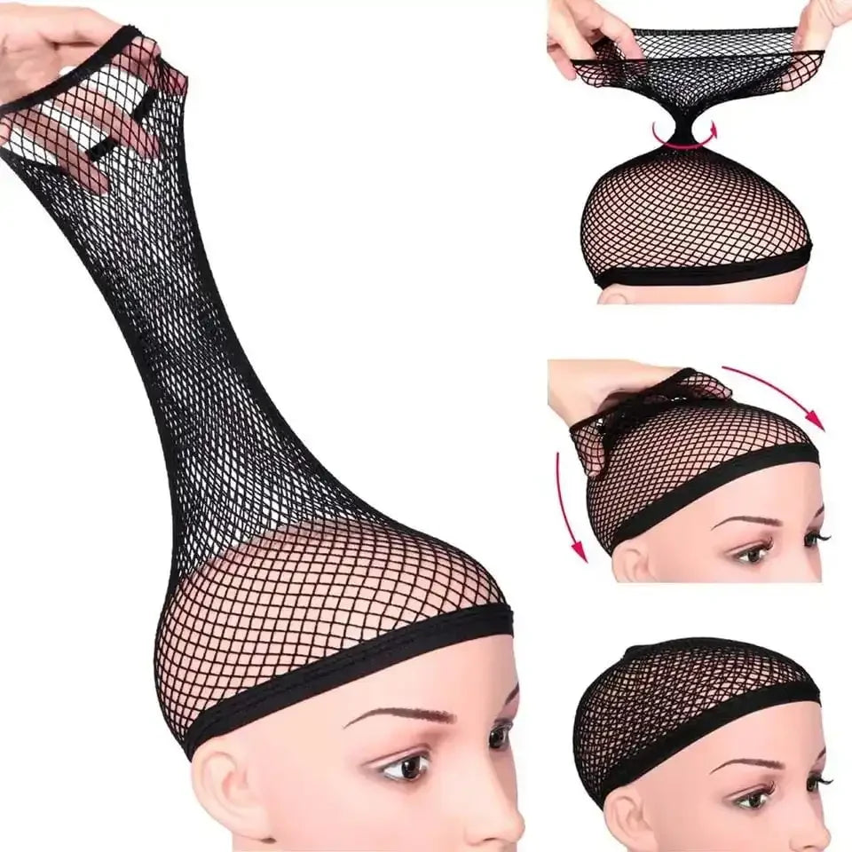 A black mesh wig cap designed for long hair, shown on a mannequin head.