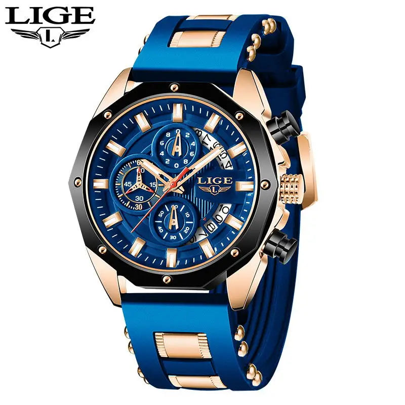 A blue and rose gold LIGE men's luxury quartz sport watch with a chronograph display.