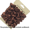 A pile of dark brown satin hair scrunchies is displayed on a light cardboard tag.