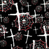 Patrón repetitivo de telarañas y cruces rojas y blancas sobre fondo negro.