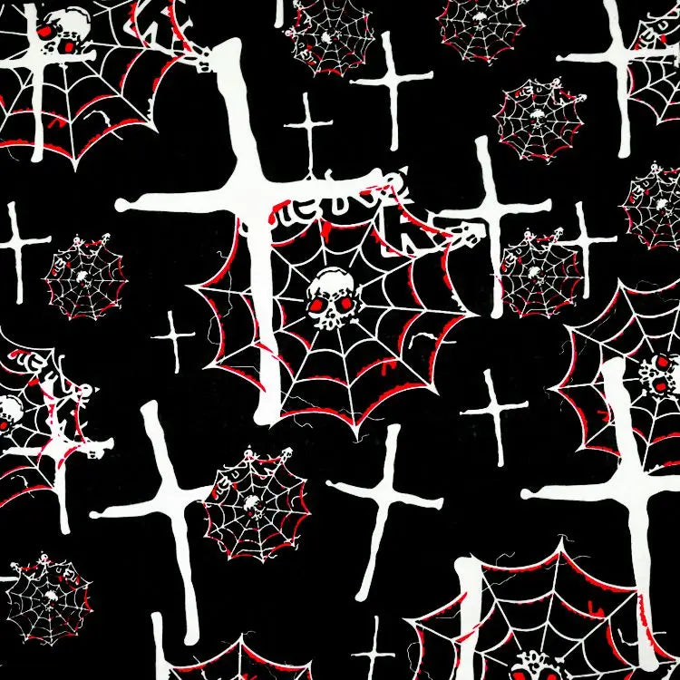 Patrón repetitivo de telarañas y cruces rojas y blancas sobre fondo negro.