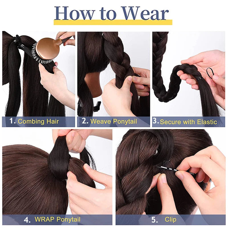 Five steps demonstrating how to wear a synthetic long braided ponytail extension
