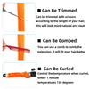 Demonstration images showing how to trim, comb, and curl rainbow straight hair extensions.