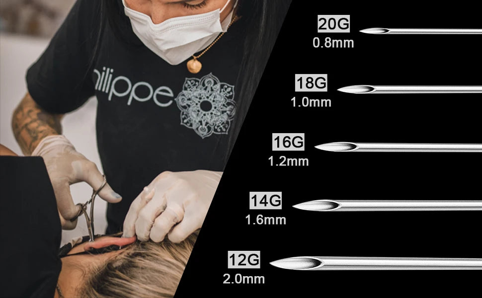 A close-up of a person using disposable sterile piercing needles of various gauges and lengths.